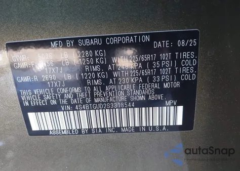 2025 Subaru Outback Wilderness from USA, damaged, VIN 4S4BTGUD2S3318544